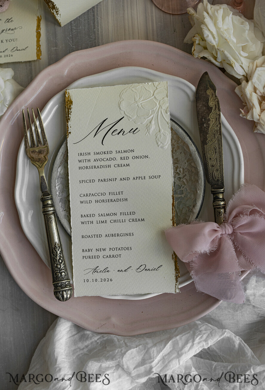 MENÜ & PROGRAMME  
 romantisch Präge-Blumen-Hochzeitsmenü, Luxuriöses Ecru-Dinner-Menü, Chiffonband-Hochzeitsmenü, Elegante Empfangs-Menükarten