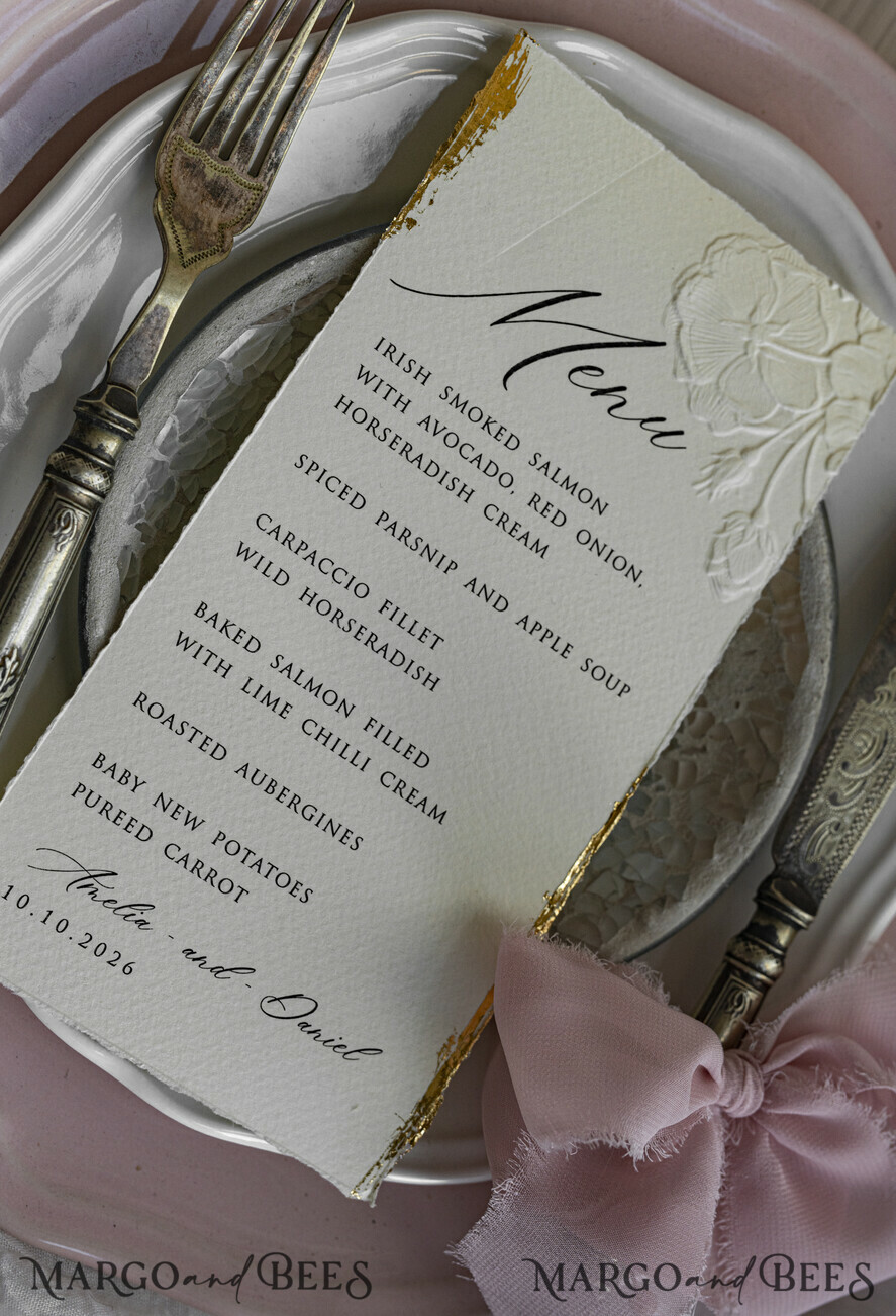 MENÜ & PROGRAMME  
 romantisch Präge-Blumen-Hochzeitsmenü, Luxuriöses Ecru-Dinner-Menü, Chiffonband-Hochzeitsmenü, Elegante Empfangs-Menükarten