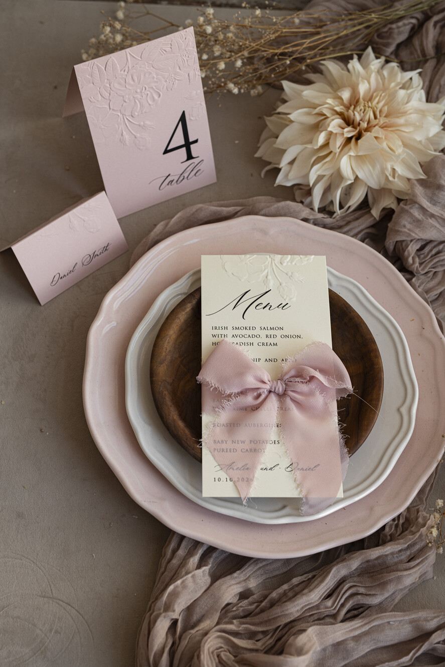 MENU & PROGRAMS romantic Embossed Floral Wedding Menu, Luxury Ecru Dinner Menu, Chiffon Ribbon Wedding Menu, Elegant Reception Menu Cards
