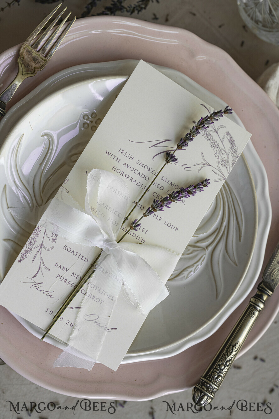 MENÜ & PROGRAMME  
 romantisch Lavendel Blüten Hochzeitsmenü, Luxus Ecru Abendmenü, Chiffonband Hochzeitsmenü, Elegante Empfangsmenükarten