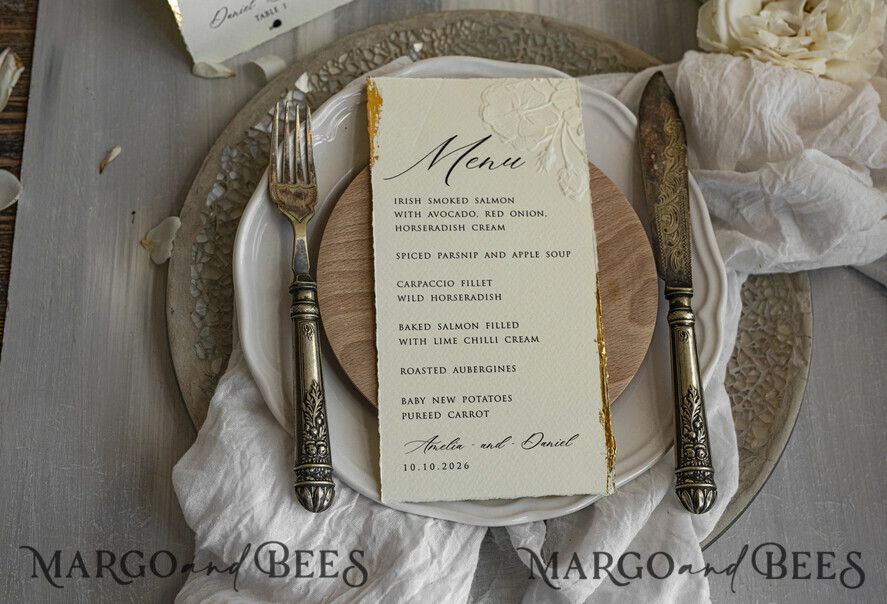 MENÜ & PROGRAMME  
 romantisch Prägung Floral Hochzeitsmenü, Luxuriöses Ecru Abendmenü, Chiffonband Hochzeitsmenü, Elegante Empfangsmenükarten