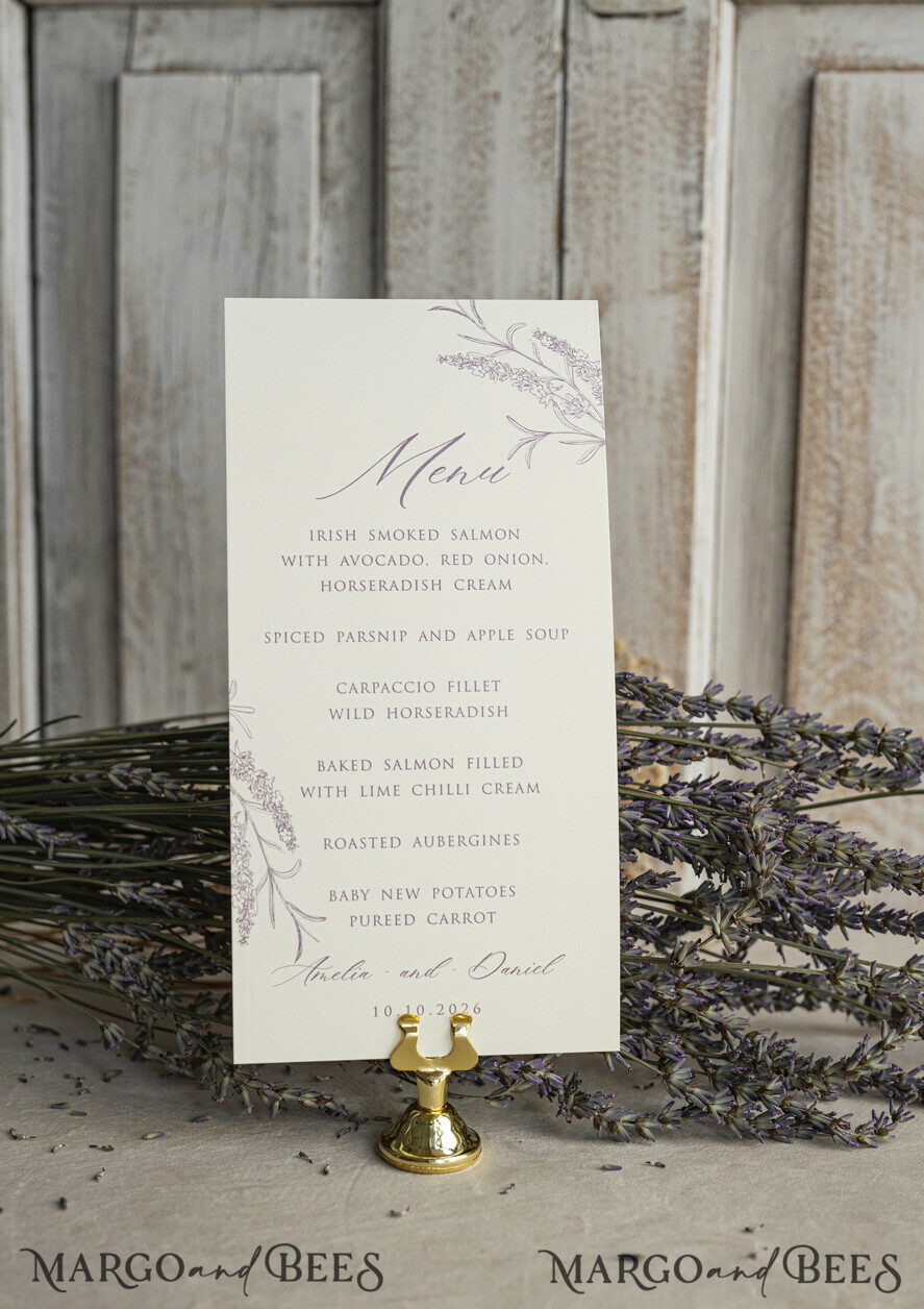 MENU & PROGRAMS romantic Lavender Floral Wedding Menu, Luxury Ecru Dinner Menu, Chiffon Ribbon Wedding Menu, Elegant Reception Menu Cards