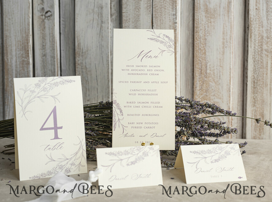 MENU & PROGRAMS romantic Lavender Floral Wedding Menu, Luxury Ecru Dinner Menu, Chiffon Ribbon Wedding Menu, Elegant Reception Menu Cards