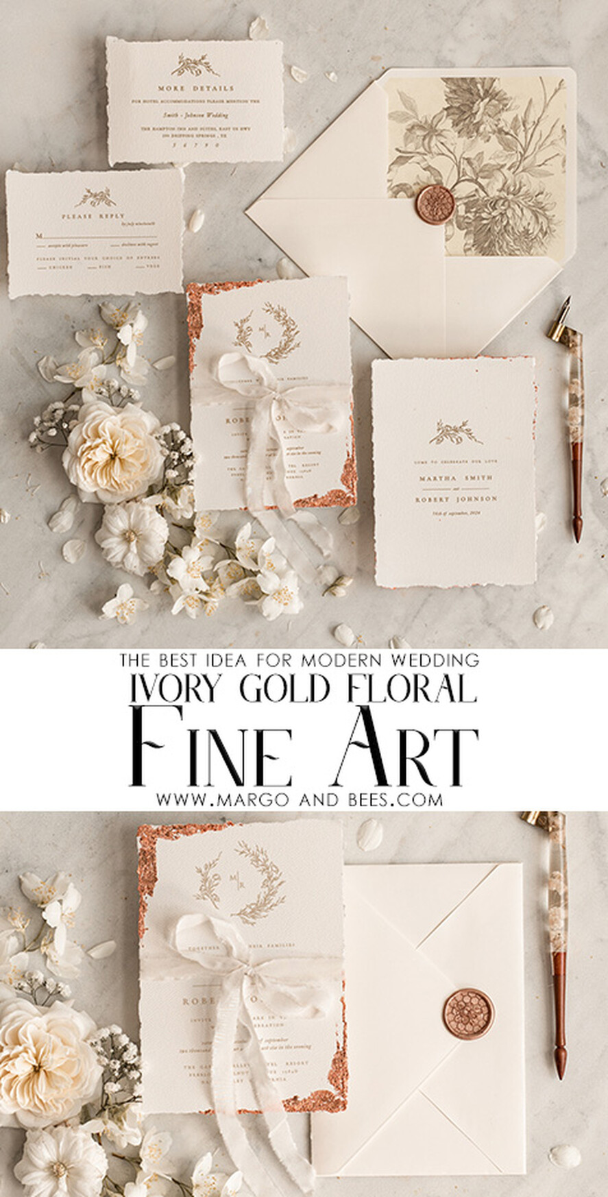 HOCHZEITS EINLADUNGEN moderne Kalligraphie / feine Kunst Feine Kunst Elfenbein Gold Hochzeitseinladung, Florale Hochzeitseinladung, Beigefarbene florale Einladungssuite, Kranz Monogram Hochzeitseinladungssuite, Gezackte Kanten Einladungen