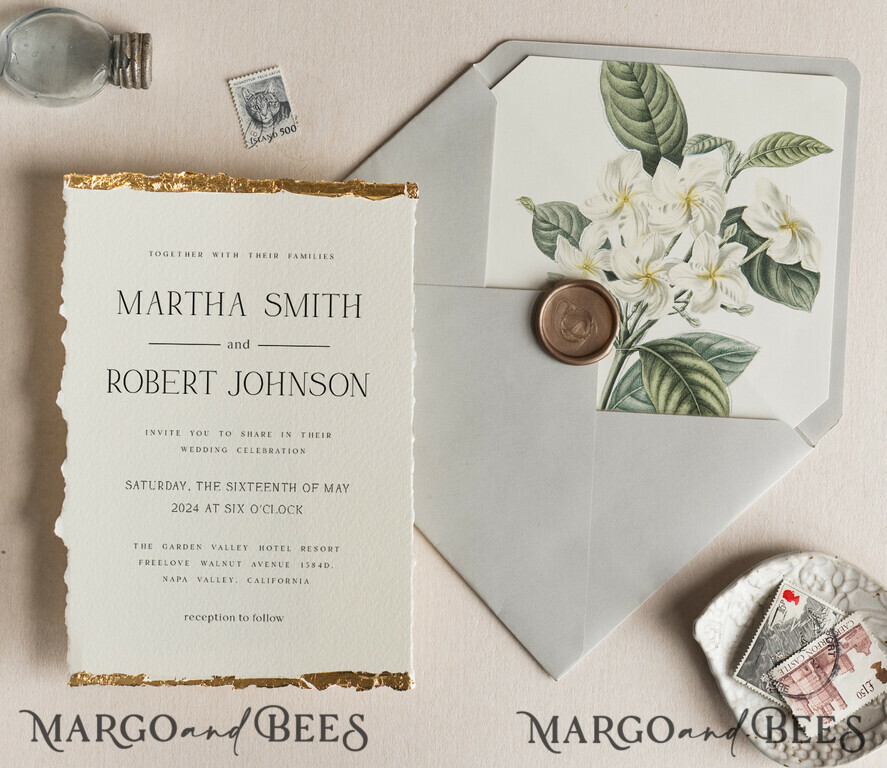 WEDDING INVITATIONS modern calligraphy / fine art Ivory Gold Wedding Invitation, Floral Wedding Invitation, Tuscany Italian Invitation suite, Wreath Monogram wedding invitation suite, Deckled Edge Invites, Torn Edge Wedding Invitations golden, Fine Art Wedding Invitation Suite, Deckled Edge Paper