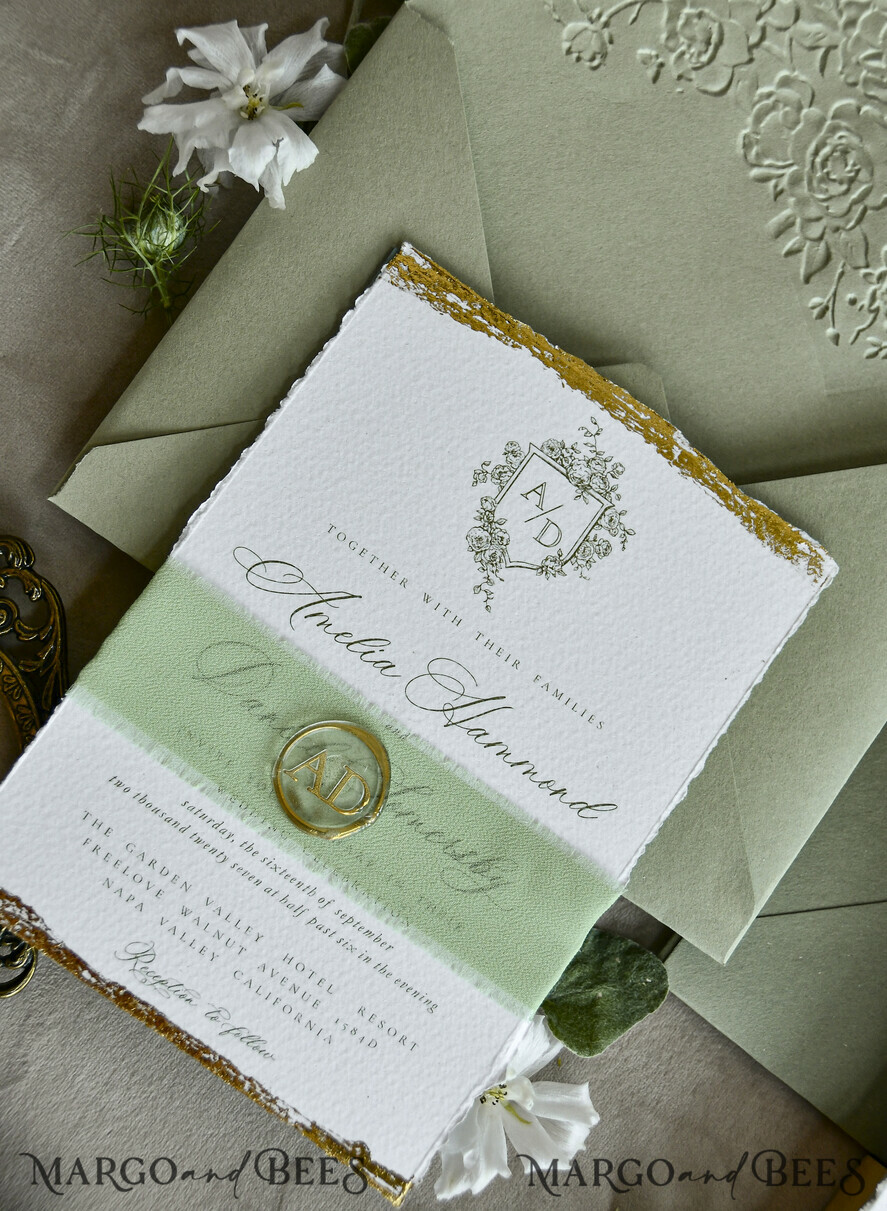 HOCHZEITS EINLADUNGEN moderne Kalligraphie / feine Kunst Salbeigrüne Fine Art Hochzeitskarten – Einladungen mit gezacktem Rand, Seidenband, Wachssiegel und RSVP-Optionen
