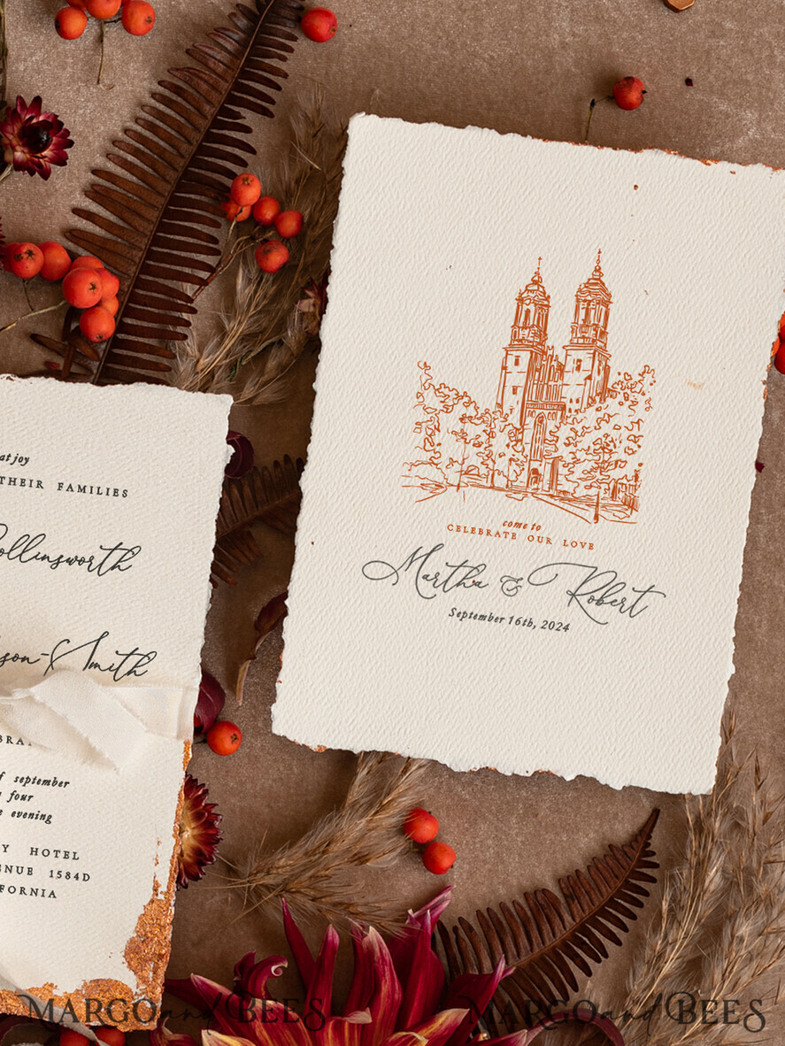 HOCHZEITS EINLADUNGEN moderne Kalligraphie / feine Kunst Feine Kunst Elfenbein Kupfer Hochzeitseinladung, Veranstaltungs-Skizze Hochzeitseinladungen, Vintage Goldene Einladungsserie, Individuelle Hochzeit Veranstaltungs-Einladung, Geziertem Rand Terrakotta Einladungen mit RSVP
