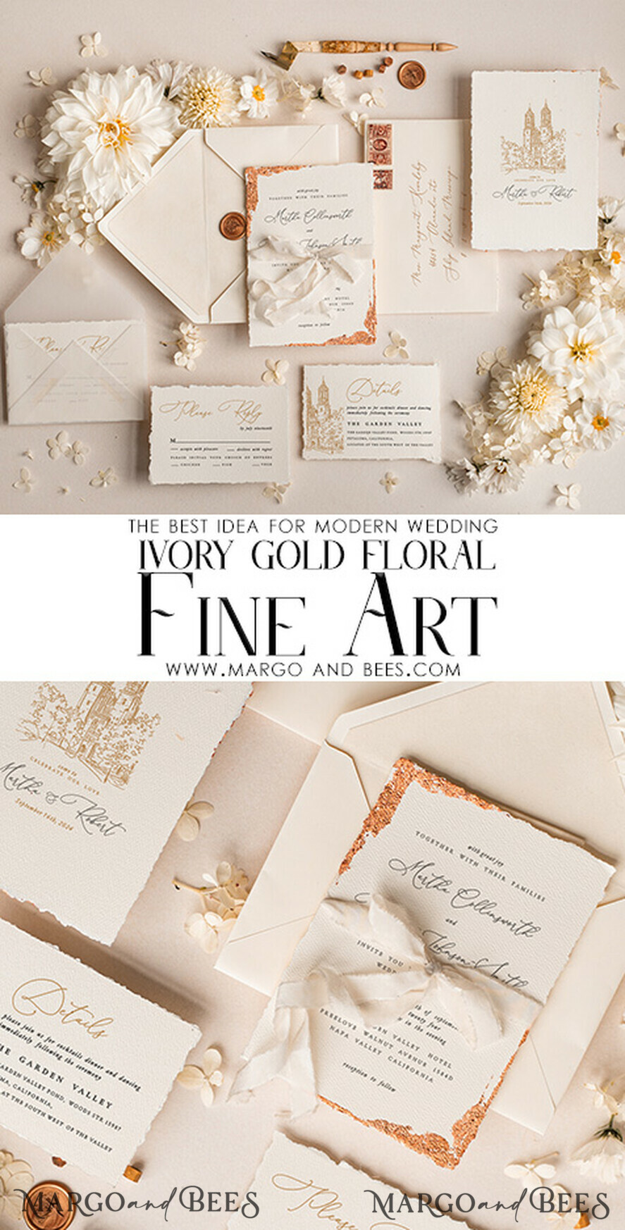 HOCHZEITS EINLADUNGEN moderne Kalligraphie / feine Kunst Feine Kunst Elfenbein Gold Hochzeits Einladung, Archi Hochzeits Einladung, Vintage Einladung Suite, Individuelle Hochzeitsveranstaltungs Einladung Suite, Deckled Edge Einladungen