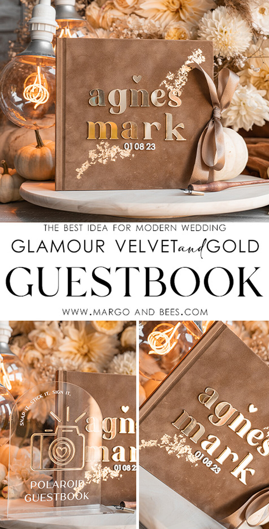 HOCHZEITS-GÄSTEBÜCHER Instax Sofortbildbuch Fall beige Gold Acryl Hochzeitsgäste Buch personalisiert, Tan Taupe Samt Sofortbildbuch Boho Elegant Instax Hochzeitsfoto Gästebuch, Erdtöne Acryl Instax Gästebuch Schild, Neutrales Samt Fotobuch.
