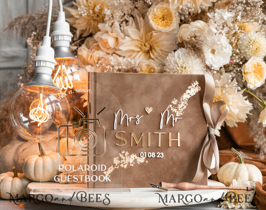 HOCHZEITS-GÄSTEBÜCHER Instax Sofortbildbuch Fall beige Gold Acryl Hochzeitsgäste Buch personalisiert und Bogen Acryl Schild Set, Tan Taupe Samt Sofortbildbuch Boho Elegant Instax Hochzeitsfoto Gästebuch, Erdige Acryl Instax Gästebuch Schild, Neutrales Samt Fotobuch