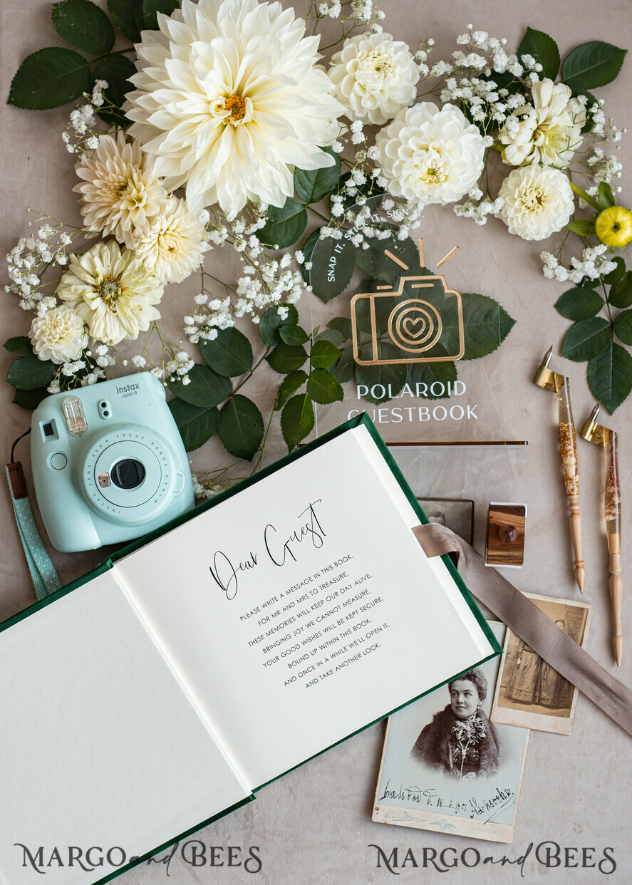 HOCHZEITS-GÄSTEBÜCHER Instax Sofortbildbuch Smaragdgrünes Gold-Acryl-Hochzeitsgästebuch mit personalisiertem Unterschriften-Set, Samtgrünpflanzen Sofortbildbuch Boho Elegantes Instax-Hochzeitsfoto-Gästebuch