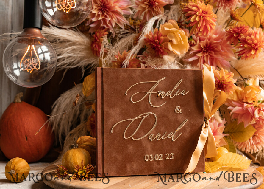 HOCHZEITS-GÄSTEBÜCHER Instax Sofortbildbuch Fall Terracotta Gold Acryl Hochzeitsgäste Buch personalisiert und Unterschrift Set, Samt Rost Sofortbildbuch Boho Elegant Instax Hochzeitsfoto Gästebuch