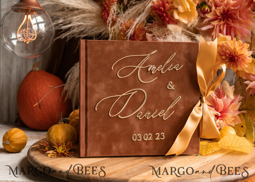 HOCHZEITS-GÄSTEBÜCHER Instax Sofortbildbuch Fall Terracotta Gold Acryl Hochzeitsgäste Buch personalisiert und Unterschrift Set, Samt Rost Sofortbildbuch Boho Elegant Instax Hochzeitsfoto Gästebuch