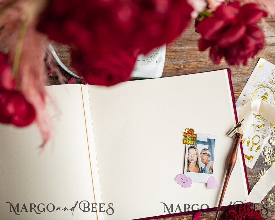 WEDDING GUEST BOOKS Instax Instant Photo Book Luxury Marron Wedding Guest Book, Burgundy gold Velvet Instant Photo Book , Elegant Marsala Instax Wedding Photo Guestbook 