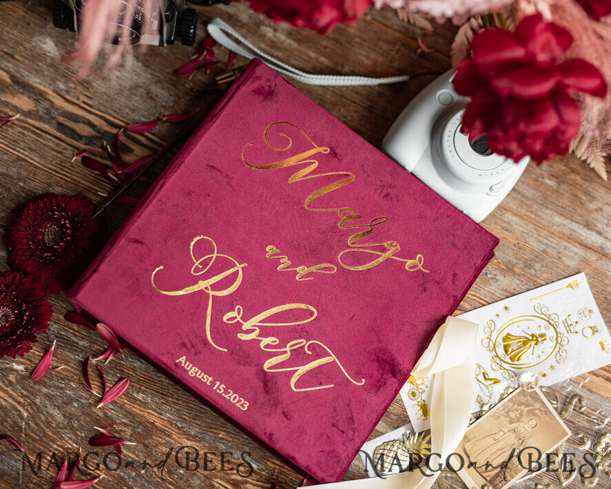 WEDDING GUEST BOOKS Instax Instant Photo Book Luxury Marron Wedding Guest Book, Burgundy gold Velvet Instant Photo Book , Elegant Marsala Instax Wedding Photo Guestbook 