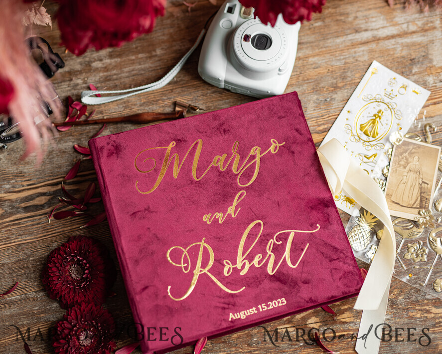 WEDDING GUEST BOOKS Instax Instant Photo Book Luxury Marron Wedding Guest Book, Burgundy gold Velvet Instant Photo Book , Elegant Marsala Instax Wedding Photo Guestbook 