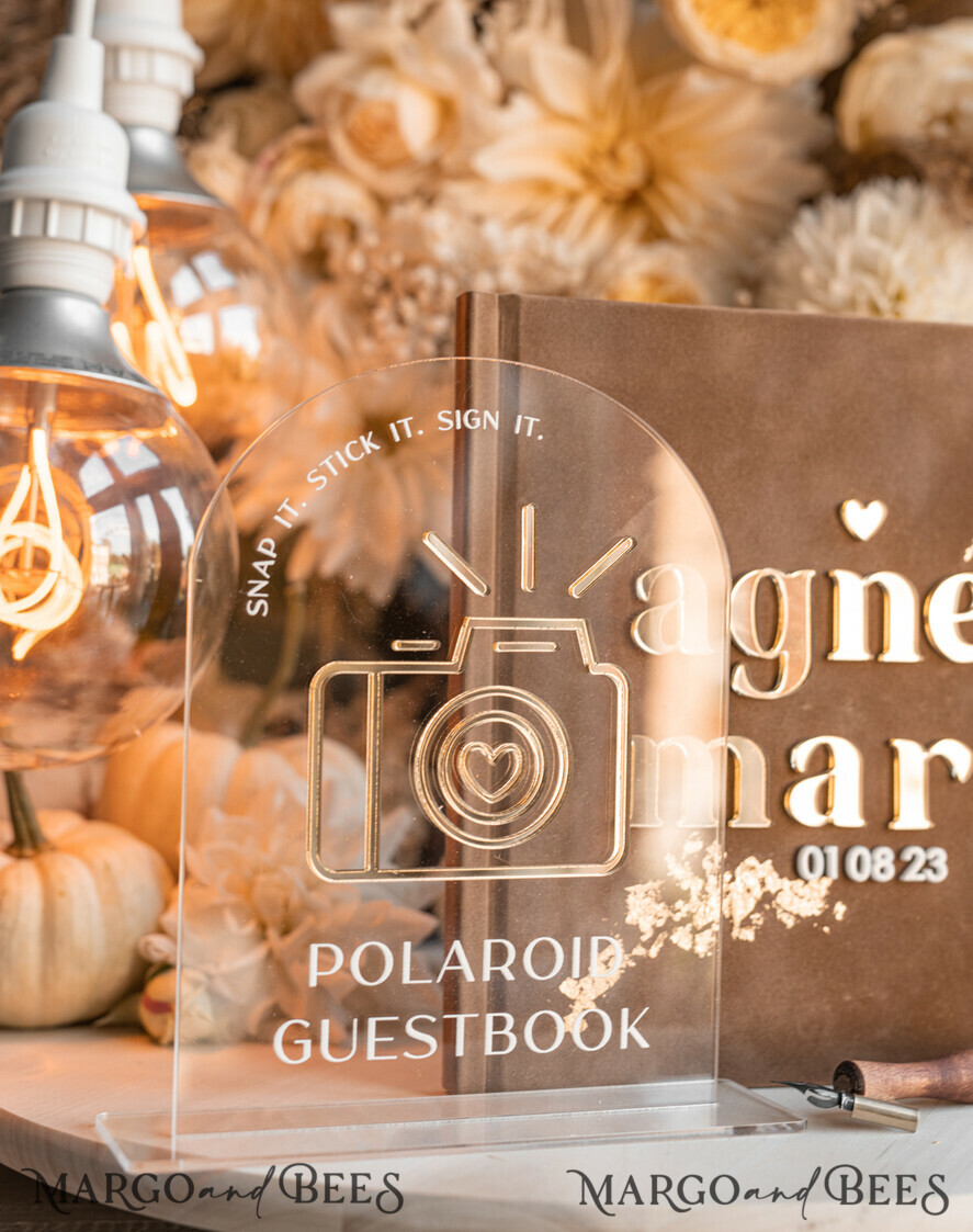 HOCHZEITS-GÄSTEBÜCHER Instax Sofortbildbuch Herbst beige Gold Acryl Hochzeitsgästebuch personalisiert und Acrylschild-Set, Tan Taupe Samt Sofortbildbuch Boho Elegant Instax Hochzeitsfotogästebuch, Erdtönige Acryl Instax Gästebuchschild, Neutraler Samt Fotobuch.