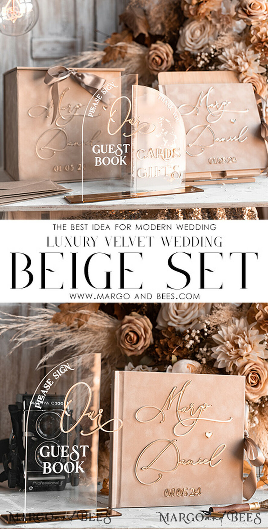 HOCHZEITS-GÄSTEBÜCHER Instax Sofortbildbuch Hochzeits Beige Gästebuch Personalisierte und Unterschriften-Set, Samt Sofortbildbuch Boho Elegant Instax Hochzeitsfoto Gästebuch