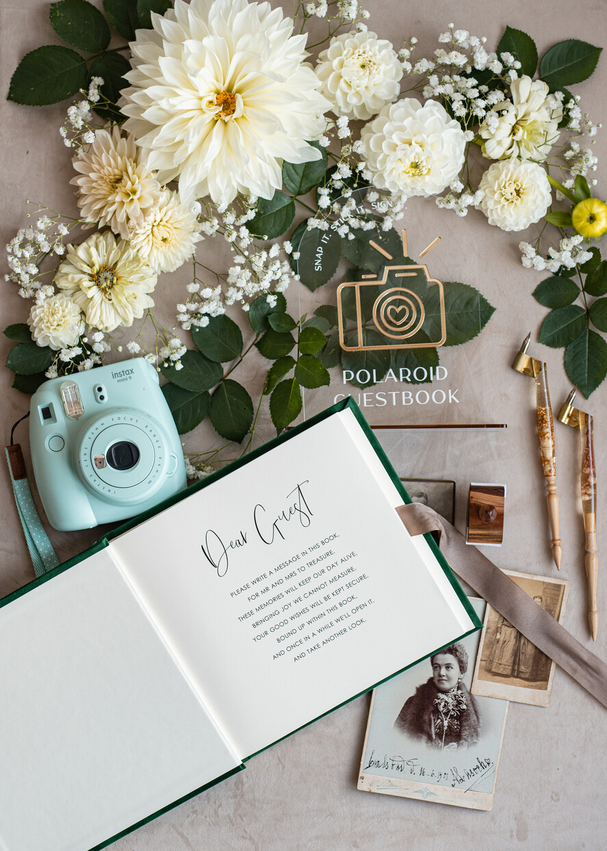 HOCHZEITS-GÄSTEBÜCHER Instax Sofortbildbuch Smaragdgrünes Gold-Acryl-Hochzeitsgastbuch personalisiert und mit Unterschrift-Set, Samtgrün Garten Grün Instant-Fotobuch Boho Elegantes Instax-Hochzeitsfoto-Gästebuch