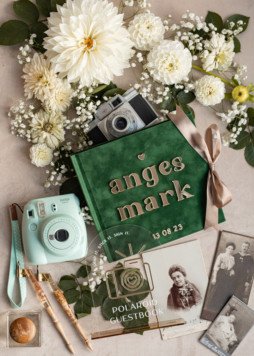 HOCHZEITS-GÄSTEBÜCHER Instax Sofortbildbuch Smaragdgrünes Gold-Acryl-Hochzeitsgastbuch personalisiert und mit Unterschrift-Set, Samtgrün Garten Grün Instant-Fotobuch Boho Elegantes Instax-Hochzeitsfoto-Gästebuch