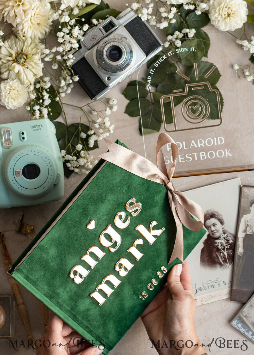 HOCHZEITS-GÄSTEBÜCHER Instax Sofortbildbuch Smaragdgrünes Gold-Acryl-Hochzeitsgastbuch personalisiert und mit Unterschrift-Set, Samtgrün Garten Grün Instant-Fotobuch Boho Elegantes Instax-Hochzeitsfoto-Gästebuch
