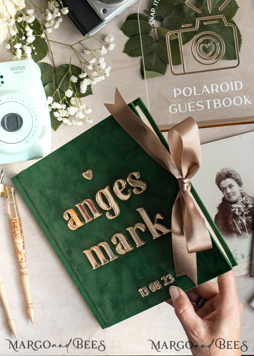 HOCHZEITS-GÄSTEBÜCHER Instax Sofortbildbuch Smaragdgrünes Gold-Acryl-Hochzeitsgastbuch personalisiert und mit Unterschrift-Set, Samtgrün Garten Grün Instant-Fotobuch Boho Elegantes Instax-Hochzeitsfoto-Gästebuch