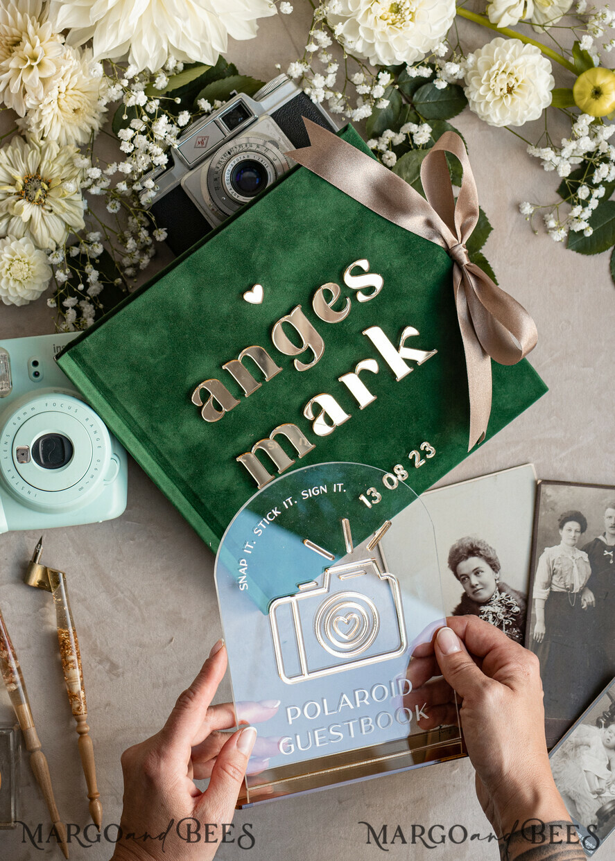 HOCHZEITS-GÄSTEBÜCHER Instax Sofortbildbuch Smaragdgrünes Gold-Acryl-Hochzeitsgastbuch personalisiert und mit Unterschrift-Set, Samtgrün Garten Grün Instant-Fotobuch Boho Elegantes Instax-Hochzeitsfoto-Gästebuch