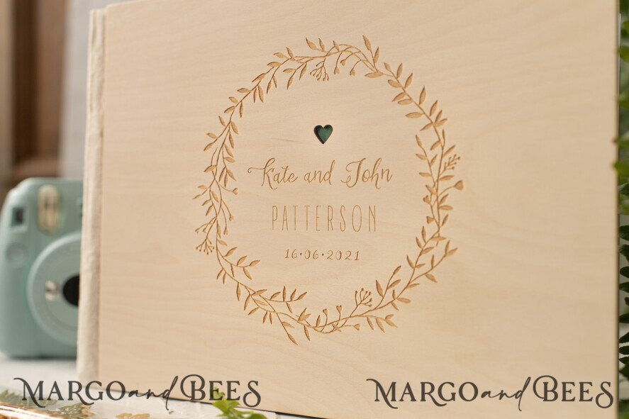 WEDDING GUEST BOOKS Instax Instant Photo Book Presonalised Wedding Guest Book, Rustic Wreath  Instant Photo Book • Boho wood engraved Instax Wedding Photo Guestbook