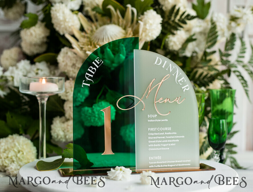 TABLE DECOR SIGNS Acrylic table decor Numbers Acrylic Arch Table Number and menu Combo, Green and Frozen Acrylic gold Sign, Gold Plexi Table Number and Menu Combo Luxury Wedding Table Decor, Wedding Signage