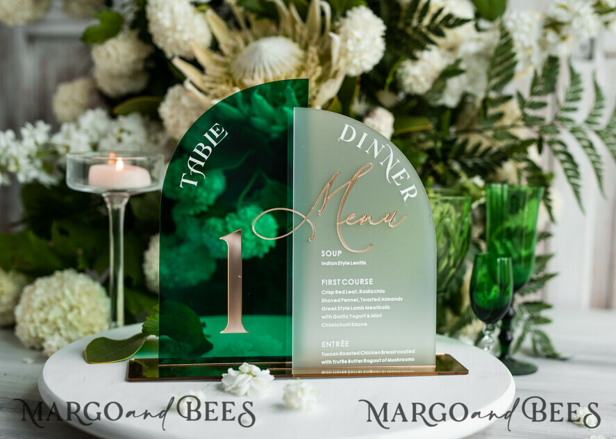 TABLE DECOR SIGNS Acrylic table decor Numbers Acrylic Arch Table Number and menu Combo, Green and Frozen Acrylic gold Sign, Gold Plexi Table Number and Menu Combo Luxury Wedding Table Decor, Wedding Signage