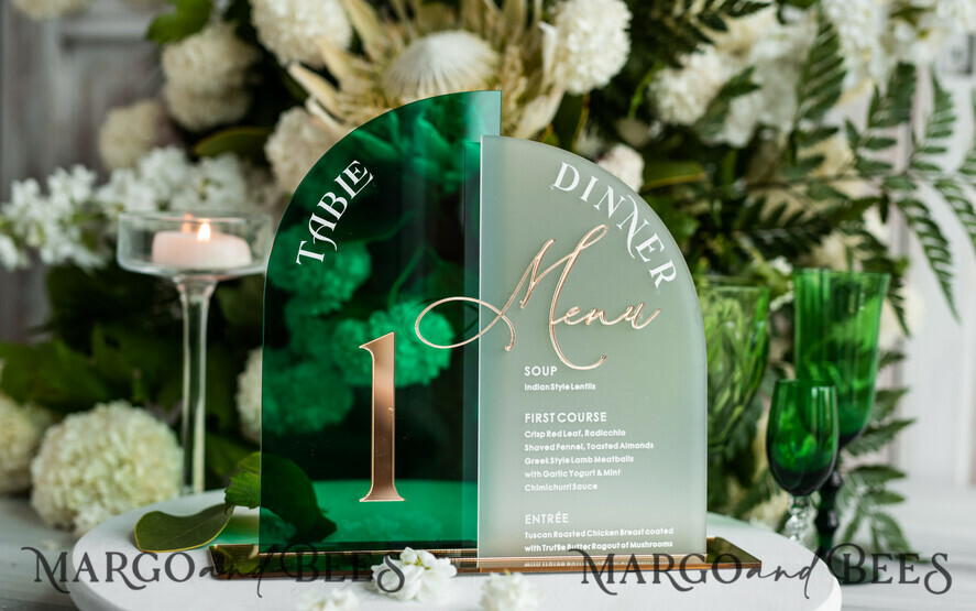 TABLE DECOR SIGNS Acrylic table decor Numbers Acrylic Arch Table Number and menu Combo, Green and Frozen Acrylic gold Sign, Gold Plexi Table Number and Menu Combo Luxury Wedding Table Decor, Wedding Signage