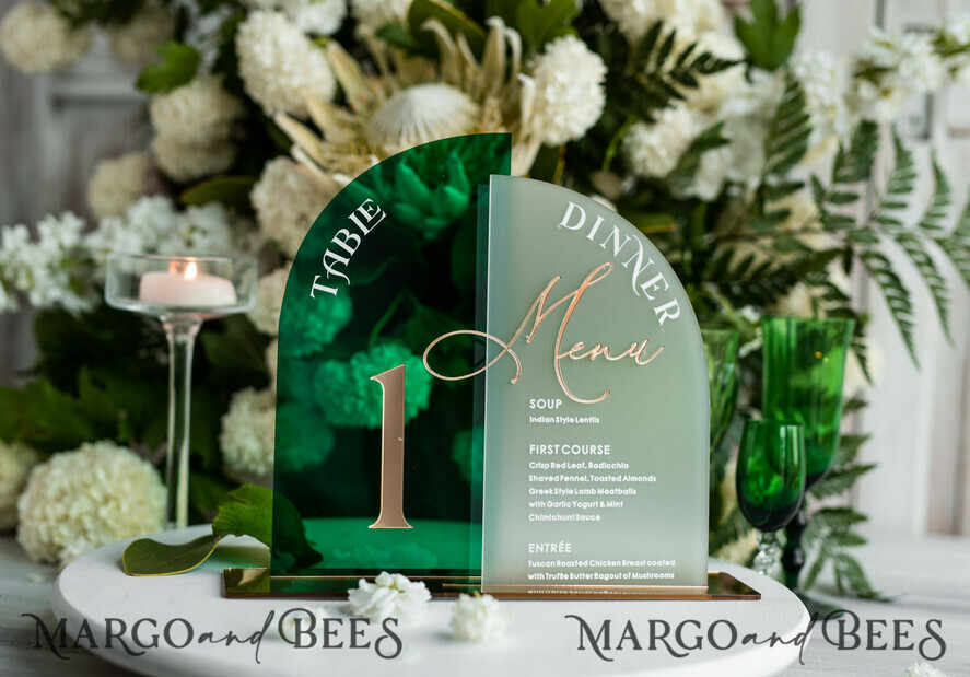 TABLE DECOR SIGNS Acrylic table decor Numbers Acrylic Arch Table Number and menu Combo, Green and Frozen Acrylic gold Sign, Gold Plexi Table Number and Menu Combo Luxury Wedding Table Decor, Wedding Signage
