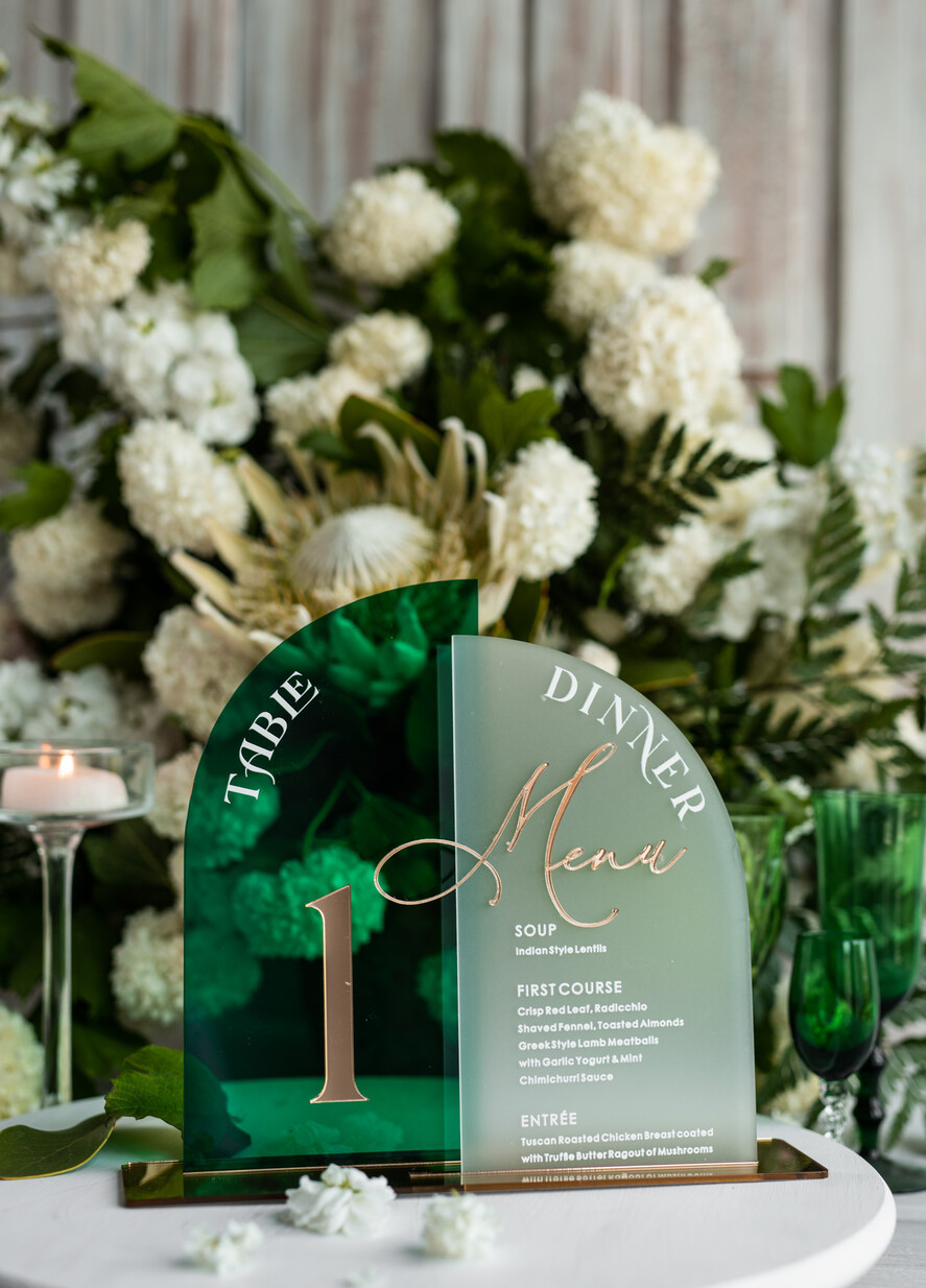 TABLE DECOR SIGNS Acrylic table decor Numbers Acrylic Arch Table Number and menu Combo, Green and Frozen Acrylic gold Sign, Gold Plexi Table Number and Menu Combo Luxury Wedding Table Decor, Wedding Signage