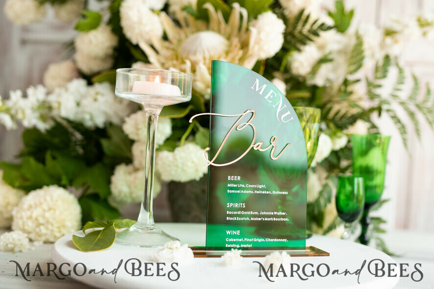 TABLE DECOR SIGNS Acrylic table decor Numbers Acrylic Half Arch Green Bar Menu, Transparent Acryl and gold Bar Menu, Greenery Gold Plexi Drink Bar Menu, Green Luxury Drink Bar Table Decor, Botanical Wedding
