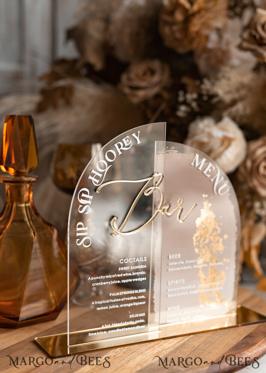 TABLE DECOR SIGNS Acrylic table decor Numbers Acrylic Arch Ombre Beige Bar Menu, Clear Acrylic And Gold Bar Menu, Nude Taupe Gold Plexi Drink Bar Menu, Tan Luxury Wedding Drink Bar Table Decor, Earthy Wedding Signage Golden Mirror Bar Menu