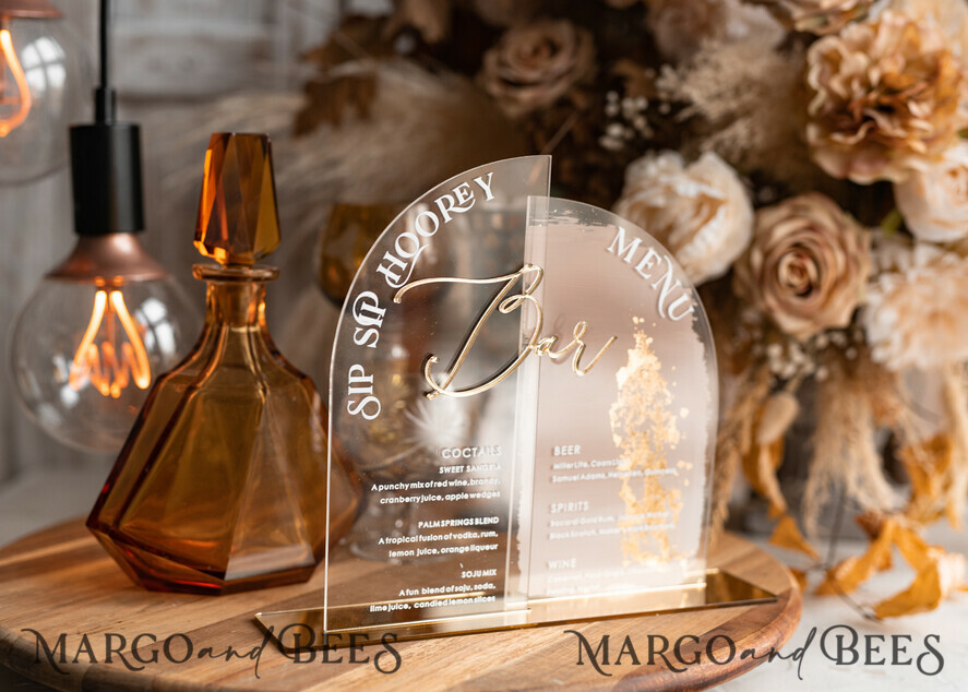 TABLE DECOR SIGNS Acrylic table decor Numbers Acrylic Arch Ombre Beige Bar Menu, Clear Acrylic And Gold Bar Menu, Nude Taupe Gold Plexi Drink Bar Menu, Tan Luxury Wedding Drink Bar Table Decor, Earthy Wedding Signage Golden Mirror Bar Menu