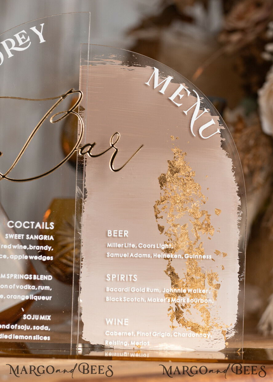 TABLE DECOR SIGNS Acrylic table decor Numbers Acrylic Arch Ombre Beige Bar Menu, Clear Acrylic And Gold Bar Menu, Nude Taupe Gold Plexi Drink Bar Menu, Tan Luxury Wedding Drink Bar Table Decor, Earthy Wedding Signage Golden Mirror Bar Menu