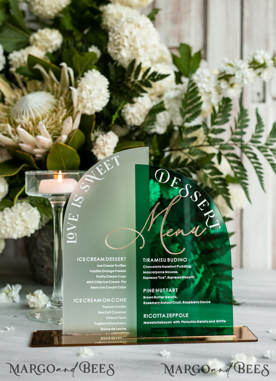 TABLE DECOR SIGNS Acrylic table decor Numbers Acrylic Arch Emerald Green Dessert menu, Green Acrylic gold Candy Bar Sign, Green Gold Plexi Table Arch Menu, Luxury Greenery Wedding Table Decor,