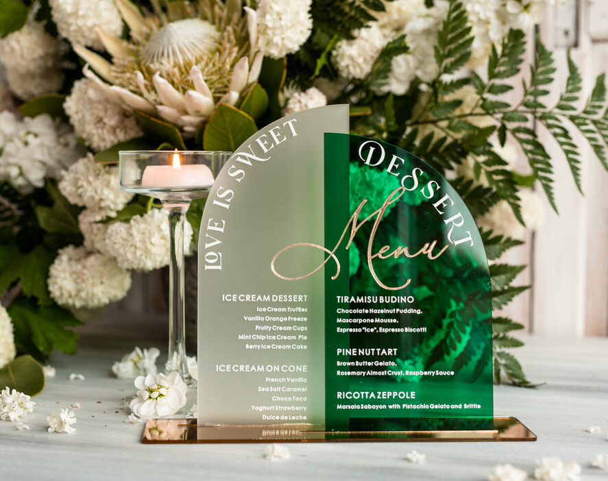 TABLE DECOR SIGNS Acrylic table decor Numbers Acrylic Arch Emerald Green Dessert menu, Green Acrylic gold Candy Bar Sign, Green Gold Plexi Table Arch Menu, Luxury Greenery Wedding Table Decor,