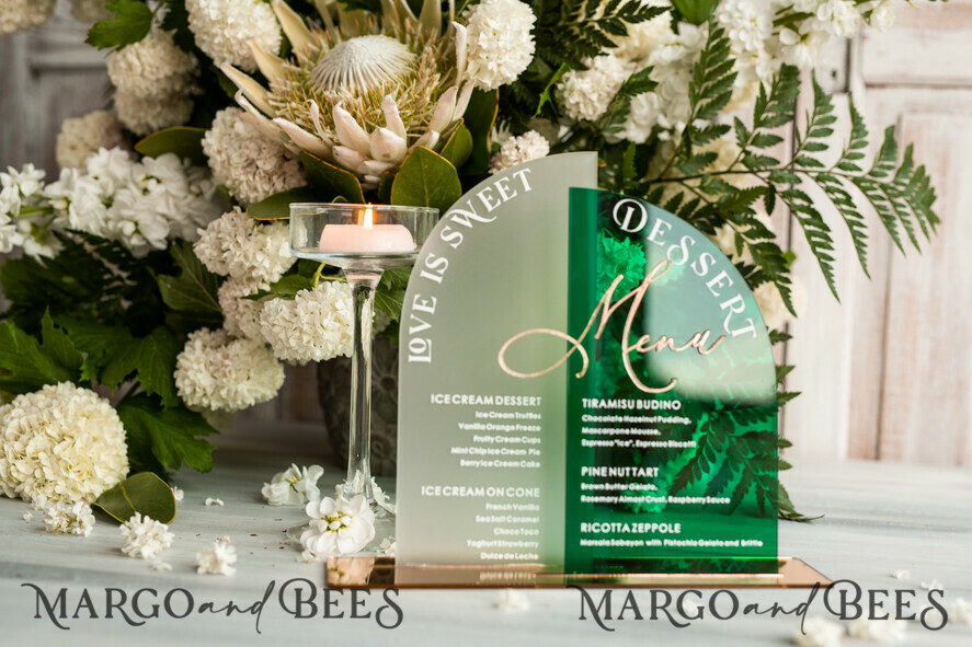 TABLE DECOR SIGNS Acrylic table decor Numbers Acrylic Arch Emerald Green Dessert menu, Green Acrylic gold Candy Bar Sign, Green Gold Plexi Table Arch Menu, Luxury Greenery Wedding Table Decor,