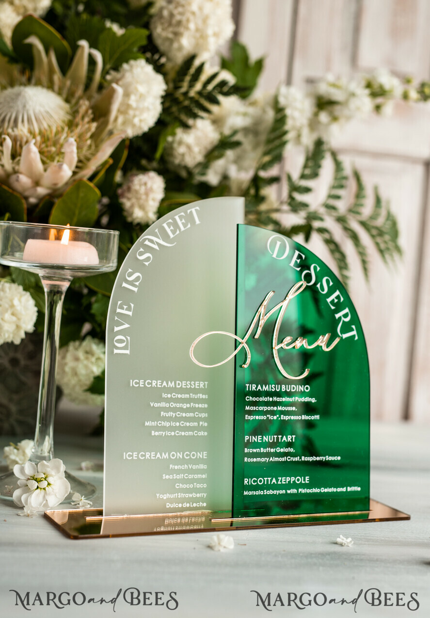 TABLE DECOR SIGNS Acrylic table decor Numbers Acrylic Arch Emerald Green Dessert menu, Green Acrylic gold Candy Bar Sign, Green Gold Plexi Table Arch Menu, Luxury Greenery Wedding Table Decor,