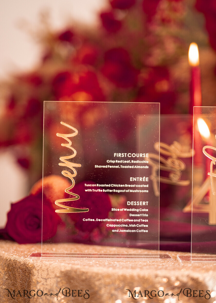 TABLE DECOR SIGNS Acrylic table decor Numbers Transparent Acrylic Modern Table Menu, Clear Acrylic And Gold Sign, Gold Plexi Dinner Menu, Luxury Wedding Table Decor, Wedding Signage Golden Mirror Menu Sign