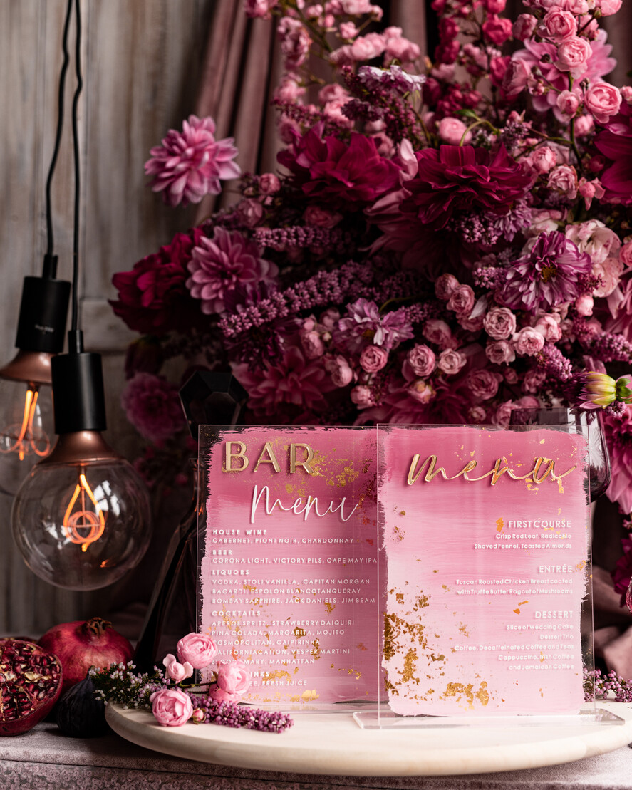 TABLE DECOR SIGNS Acrylic table decor Numbers Acrylic Bar Menu, Mauve Ombre Clear Acryl and gold Sign, Gold Plexi card box sign, Luxury Wedding Table Decor, Wedding Signage Golden mirror sign, editable text