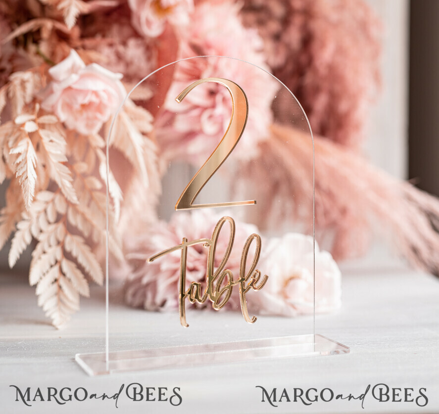 TABLE DECOR SIGNS Acrylic table decor Numbers Transparent Acrylic Arch Table Numbers, Clear Acrylic and gold Sign, Gold Plexi Table Numbers, Luxury Wedding Table Decor, Wedding Signage Golden Mirror Number