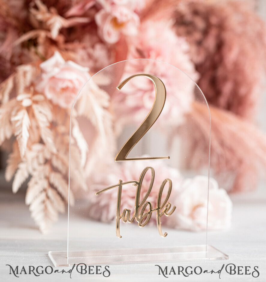 TABLE DECOR SIGNS Acrylic table decor Numbers Transparent Acrylic Arch Table Numbers, Clear Acrylic and gold Sign, Gold Plexi Table Numbers, Luxury Wedding Table Decor, Wedding Signage Golden Mirror Number