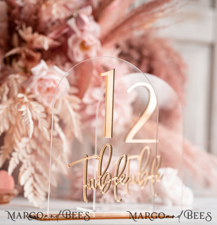 TABLE DECOR SIGNS Acrylic table decor Numbers Transparent Acrylic Arch Table Numbers, Clear Acrylic and gold Sign, Gold Plexi Table Numbers, Luxury Wedding Table Decor, Wedding Signage Golden Mirror Number