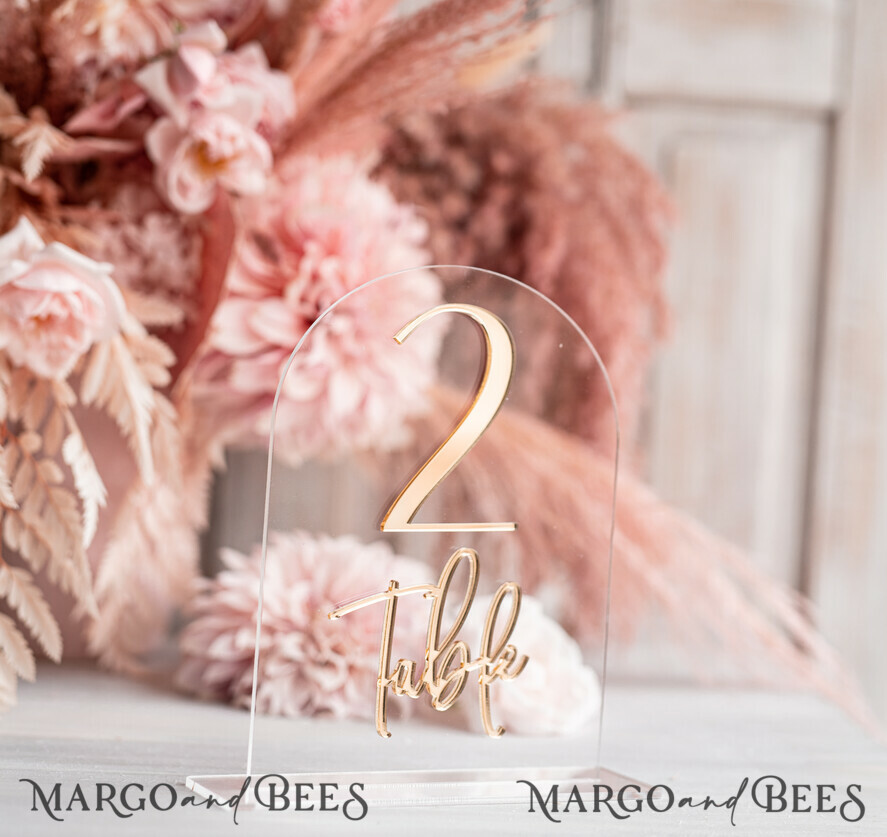 TABLE DECOR SIGNS Acrylic table decor Numbers Transparent Acrylic Arch Table Numbers, Clear Acrylic and gold Sign, Gold Plexi Table Numbers, Luxury Wedding Table Decor, Wedding Signage Golden Mirror Number