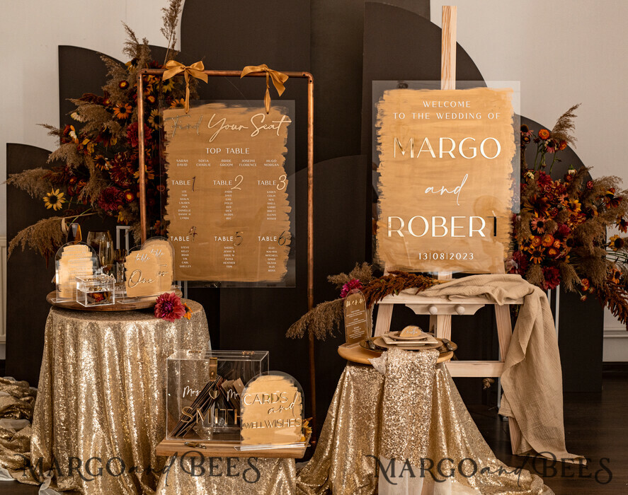 TABLE DECOR SIGNS Acrylic table decor Numbers Acrylic Arch Bar Menu, Clear Acrylic and gold Sign, Gold Plexi table signs, Luxury Wedding Table Decor, Wedding Signage Golden mirror cards sign, Editable text