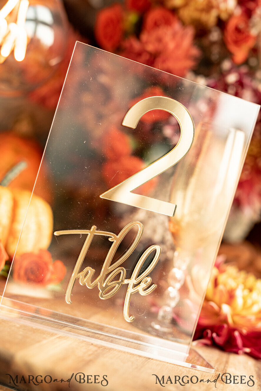 TABLE DECOR SIGNS Acrylic table decor Numbers Acrylic Table Numbers, Clear Acrylic gold Sign, 3D Gold Plexi Table Numbers, Luxury Wedding Table Decor, Wedding Signage Gold mirror table number, editable text