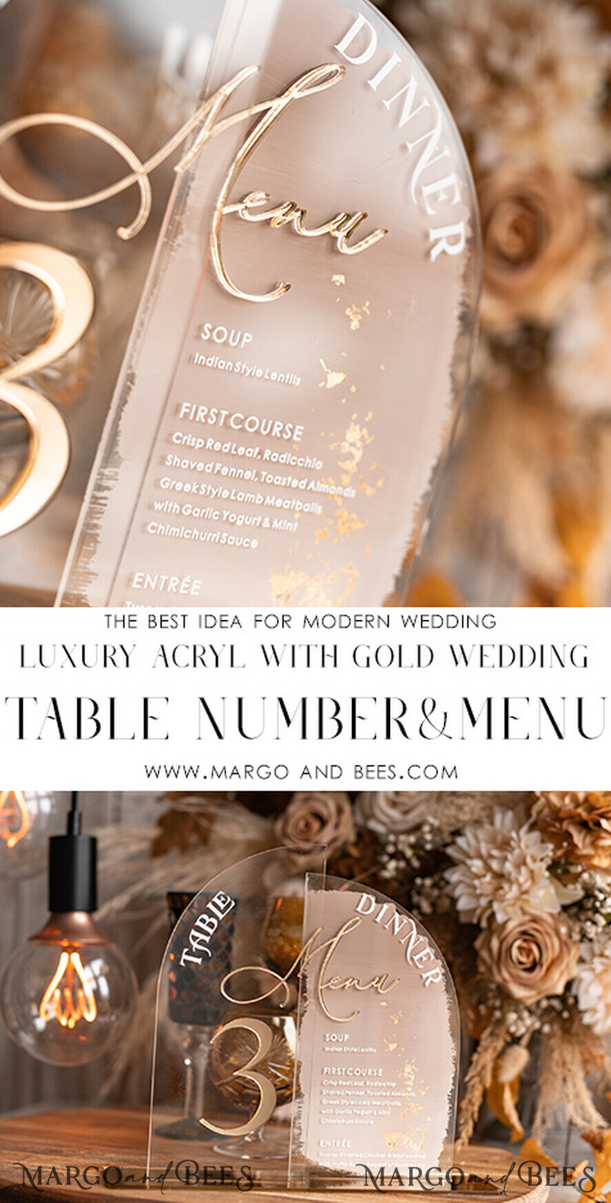 TABLE DECOR SIGNS Acrylic table decor Numbers Acrylic Half Arch Table Number and menu Combo, Clear and Frozen Acrylic gold Sign, Gold Plexi Table Number and Menu Combo Luxury Wedding Table Decor, Wedding Signage